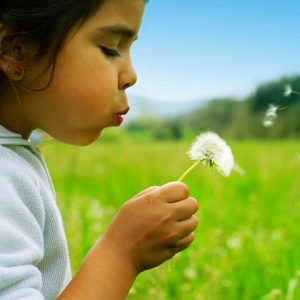 girl blowing on flower