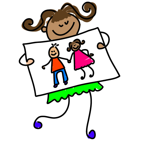 drawing of girl with drawing of two children holding hands